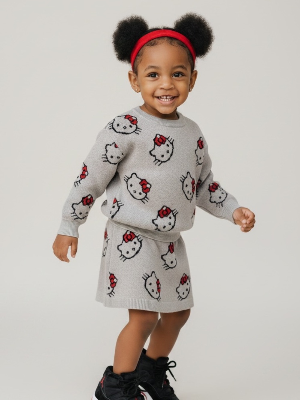 Hello Kitty Pattern Gray Kids Sweater with Matching Skirt